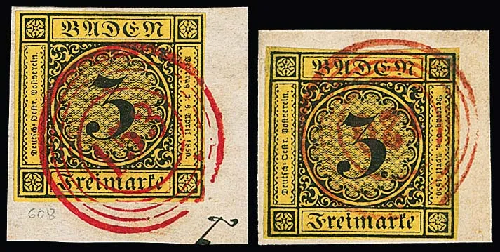 3 Kr. donkerbruin/donkergeel op kabinetbriefstuk met rode NS "153" (Waldshut), idem los, evenals op briefstuk (geringe vlek) met zeldzame rode NS…