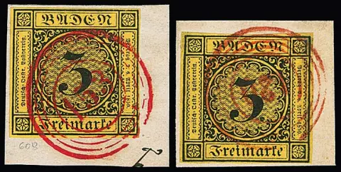3 Kr. brun foncé/jaune foncé sur pièce de lettre de cabinet avec NS rouge "153" (Waldshut), idem détaché, ainsi que sur pièce de lettre (légère tache) avec rare NS rouge…