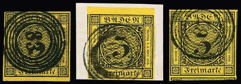 3 Kr. brun foncé/jaune foncé, trois pièces de cabinet/luxe à marges larges à surdimensionnées, une avec trois côtés de timbres voisins, deux du bord, dont rare NS "140" (Stollhofen),…