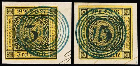 3 Kr. schw./dunkelgelb, sieben teils Kabinettstücke mit blauen Nummernstempeln: "4", "66", "74", "104", "113", "114" und "144", Feuser + 475,-
