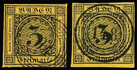 3 Kr. schw./dunkelgelb, acht ausgesuchte, teils Luxusstücke mit klaren Entwertungen, u.a. Schnittriese (alle vier Seiten Nebenmarken), Randstück etc.