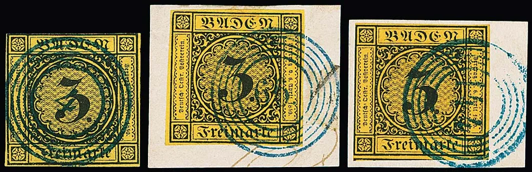 3 Kr. dark brown/dark yellow, nine values some cabinet condition, all with blue number cancellations, incl. "4", "55", "66", "74", "104", "126" (rare!) and "144"