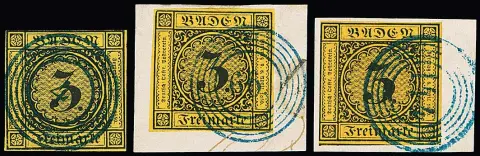 3 Kr. schw./dunkelgelb, neun Werte in teils Kabinetterhaltung, alle mit blauen Nummernstempeln, inkl. "4", "55", "66", "74", "104", "126" (selten!) und "144"