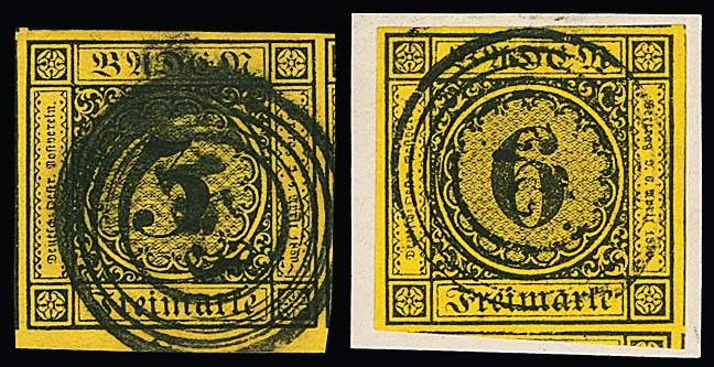 3 Kr. black/dark yellow and 6 Kr. black/yellow-orange (Bfst.), two cabinet pieces with huge margins and neighbouring stamps (3 Kr. all sides and sheet margin at bottom)