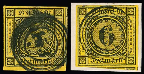 3 Kr. noir/jaune foncé et 6 Kr. noir/orange jaune (Bfst.), deux pièces de cabinet à très grandes marges avec voisins (3 Kr. tous côtés et bord de feuille en bas)