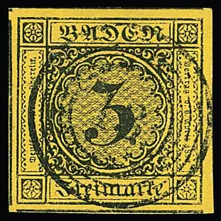 3 Kr. noir/jaune, pièce de luxe à très grandes marges avec NS centr. "13", à droite du bord, sinon voisins sur trois côtés, signé Kruschel