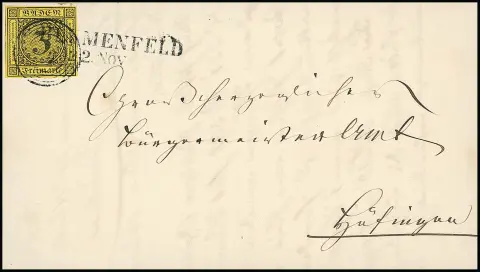 3 Kr. noir/jaune, marges larges, sur lettre de cabinet avec NS "15" et L2 "Blumenfeld" curieusement débordant sur le timbre