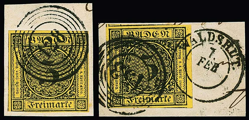 3 Kr. black/yellow, ten selected, partly luxury items with clear cancellations, incl. from the margin etc., partly signed