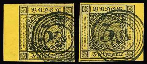 3 Kr. noir/jaune, trois pièces de bord de cabinet à marges larges avec bord de feuille