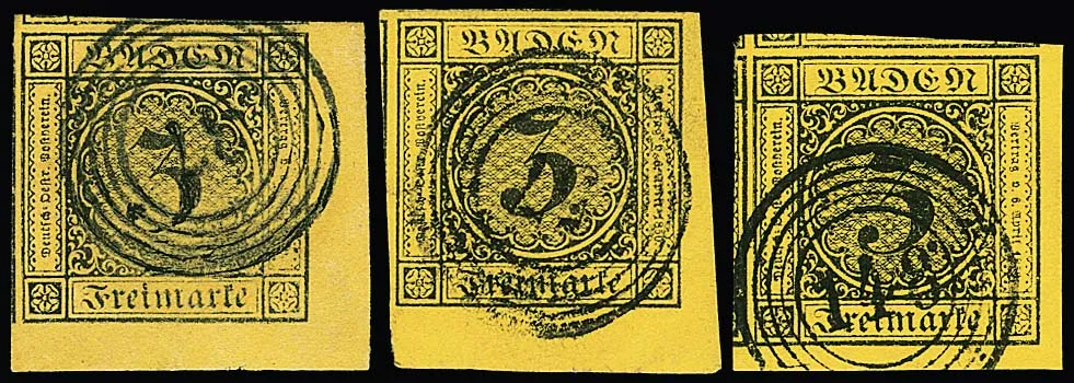 3 Kr. black/yellow, four sheet corners, three in cabinet/luxury condition (one with huge margins), one with handling traces