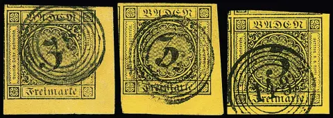 3 Kr. noir/jaune, quatre coins de feuille, trois en qualité cabinet/luxe (une fois timbre à très grandes marges), une fois traces de manipulation