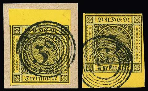 3 Kr. noir/jaune, quatre exemplaires avec larges bords supérieurs ou inférieurs (un fois un peu clair), dont un à très grandes marges sur fragment de lettre de luxe avec NS "69" etc.