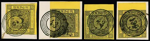 3 Kr. noir/jaune, quatre marges choisies, une fois avec diverses marques annexes et bord droit sur fragment de lettre avec NS "2" (ex "Romanow"), en outre trois fois avec large bord supérieur, entre autres tous côtés marques annexes