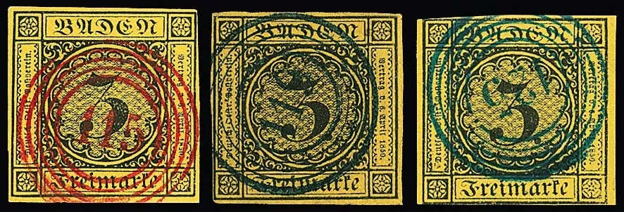 3 Kr. schw./gelb, fünf Werte mit farbigen NS: "28", zweimal "115" (Luxus, einmal Plattenfehler), je in rot, sowie "119" (Kabinett, sign. Seeger) und "125" je…