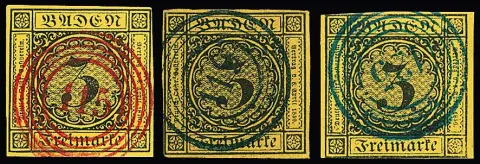3 Kr. noir/jaune, cinq valeurs avec NS colorés : "28", deux fois "115" (luxe, une fois défaut de plaque), chacun en rouge, ainsi que "119" (cabinet, signé Seeger) et "125" chacun en bleu