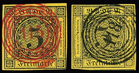 3 Kr. schw./gelb, sieben ausgesuchte Exemplare, teils breitrandige Luxusstücke, u.a. roter NS "115" (sign. Stegmüller)