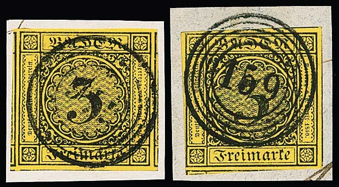 3 Kr. black/yellow, seven clearly cancelled letter pieces, some in luxury condition, including several secondary stamps
