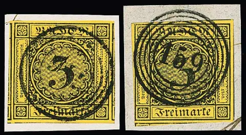 3 Kr. schw./gelb, sieben ausgesucht klar gestempelte Briefstücke, teils in Luxuserhaltung, u.a. mit mehreren Nebenmarken