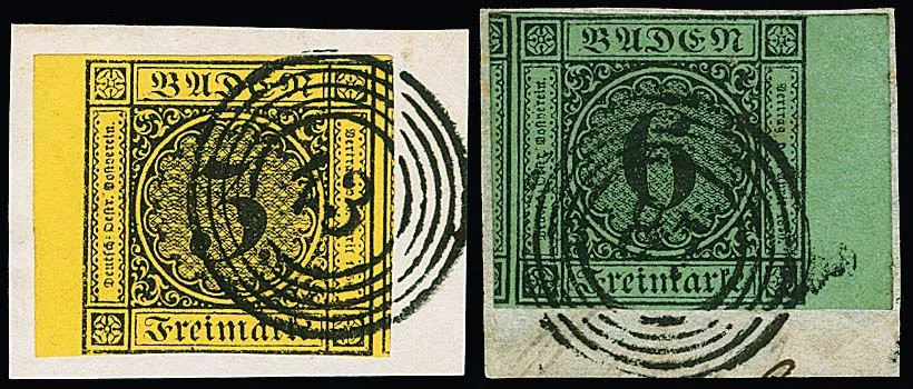 3 Kr. černá/žlutá a 6 Kr. černá/zelená, každá se širokými okraji archu, částečně vedlejší známky, na dvou kabinetních dopisních ústřižcích s NS "43" a "87"
