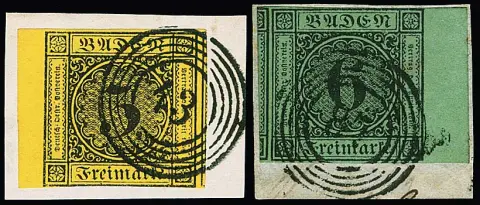 3 Kr. schw./gelb und 6 Kr. schw./grün je mit breiten Bogenrändern, teils Nebenmarken, auf zwei Kabinettbriefstücken mit NS "43" bzw. "87"