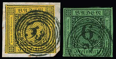 3 Kr. schw./gelb und 6 Kr. schw./gelbgrün, zwei riesenrandige Kabinettstücke, je drei Seiten Nebenmarken (6 Kr. vom Rand)