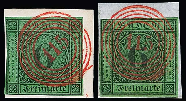 3 Kr. noir/jaune et trois fois 6 Kr. noir/jaune-vert (deux pièces de lettre), chacune avec clair NS rouge "115" de Rastatt