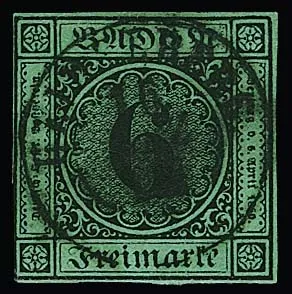 6 Kr. noir/bleu-vert, largement pleine marge, avec oblitération centrale par cachet local K2 "Heidelberg"