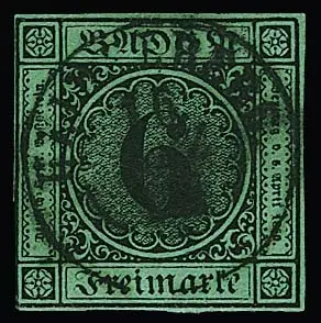 6 Kr. schw./blaugrün, weitgehend vollrandig, mit zentrischer Ortsstempel-Entwertung durch K2 "Heidelberg"