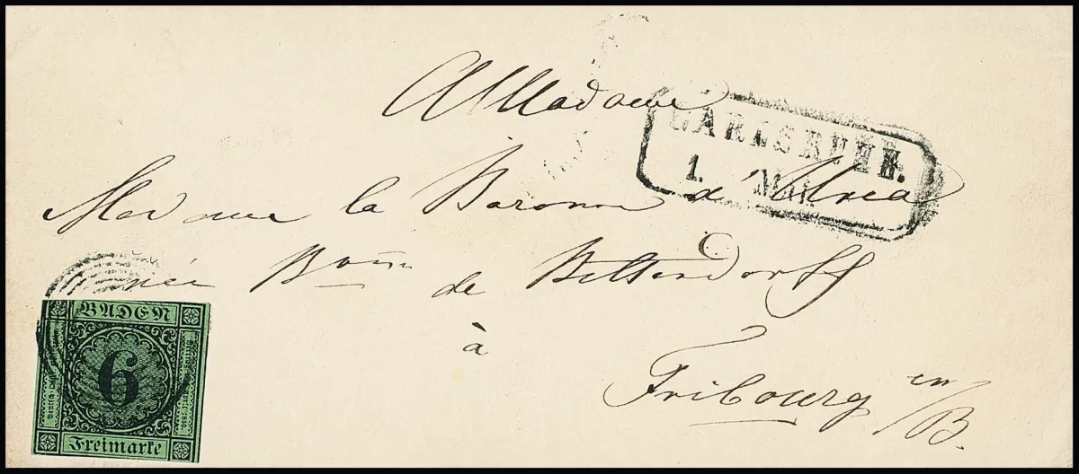 6 Kr. noir/bleu-vert, découpé usuel, sur enveloppe de dame avec Ra2 annexe "Carlsruhe" du 1er mai, malheureusement sans contenu, probable mais non prouvable première jour, photo exp. Stegmüller