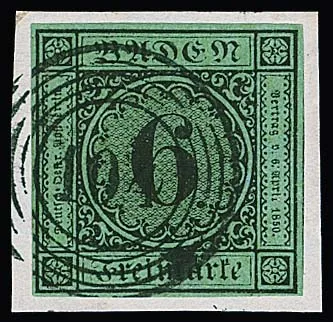 6 Kr. black/blue-green, wide to oversized margins with hinge on associated luxury letter piece with NS "104", signed Seeger