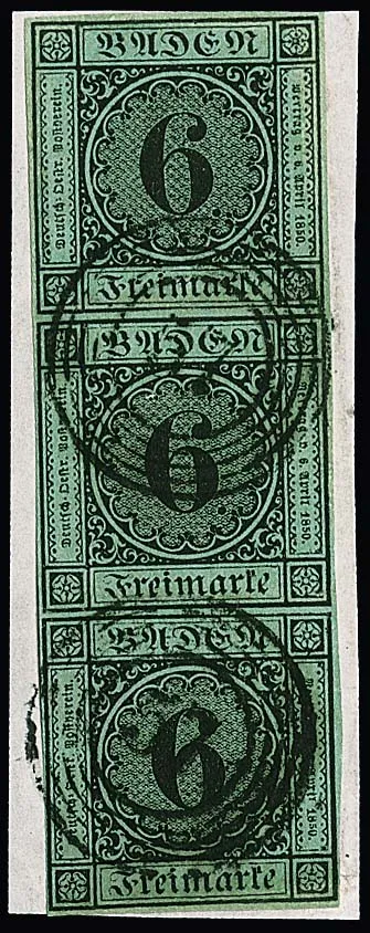 6 Kr. black/blue-green, rare, now well-presenting strip of three with supplemented margins, only slightly adhering, on letter piece with NS "57", signed Englert. Mi. 1800,-