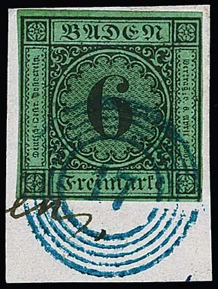 6 Kr. black/bluish green, four selected examples, among others on cabinet letter piece with blue NS "17" (Boxberg, signed Seeger)