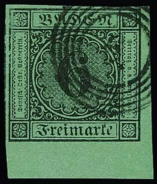 6 Kr. black/yellow-green, large right lower sheet corner, tiny fibre spot top left, signed Seeger