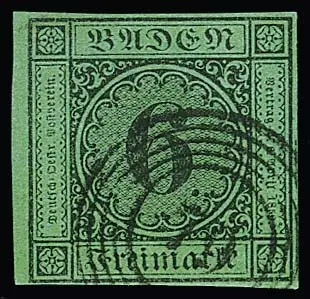6 Kr. schw./gelbgrün, breitrandiges linkes Kabinett-Randstück mit NS "79"