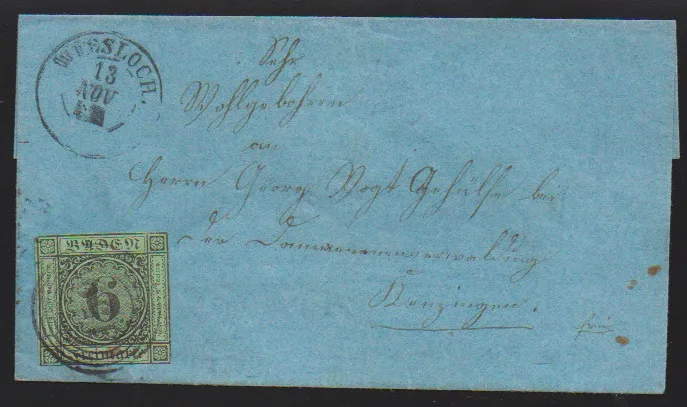 6 Kr. černá/žlutozelená, min. dotčeno, na pěkném modrém (!) dopise s NS "159" a K2 "Wiesloch"