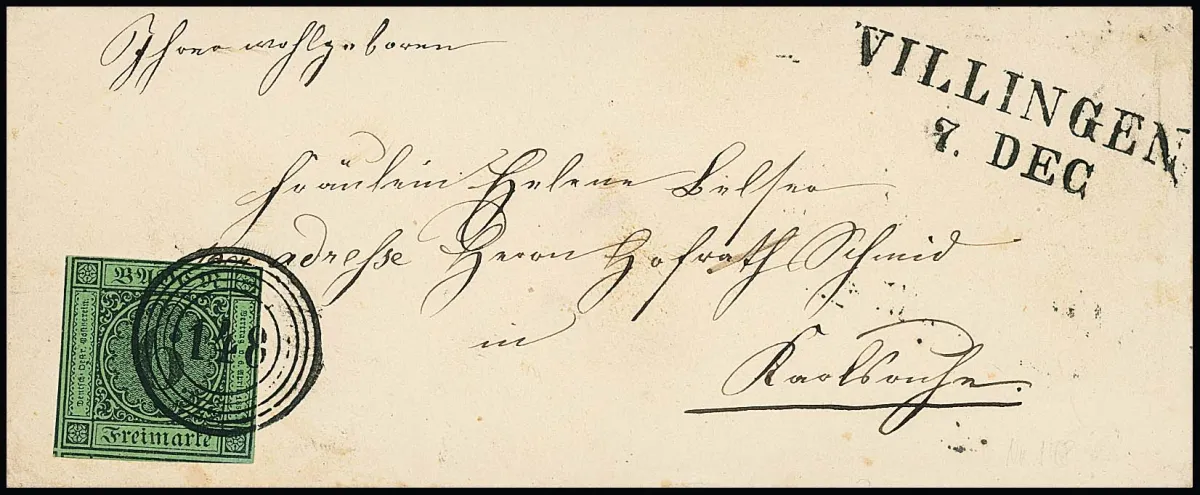 6 Kr. noir/vert-jaune, pleine à surlarge marge sur enveloppe de choix avec NS "148" et L2 "Villingen"