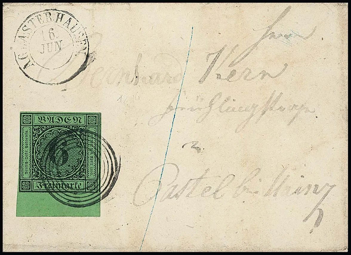 6 Kr. vert-jaune, pièce de cabinet avec bord de feuille de 7mm en bas sur lettre avec NS "4" et K2 "Aglasterhausen" 1854 pour Castel près de Mayence