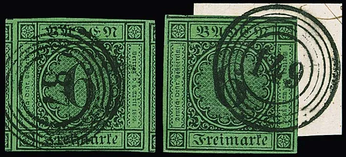 6 Kr. yellow-green, five selected examples, including huge margins (neighbouring stamps) on piece with NS "149" and loose with NS "87", also with red NS "115" and pen cross