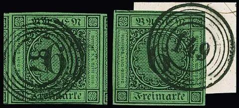 6 Kr. schw./grün, fünf ausgesuchte Exemplare, u.a. riesenrandig (Nebenmarken) auf Briefstück mit NS "149" und lose mit NS "87", ferner mit rotem NS "115" und…