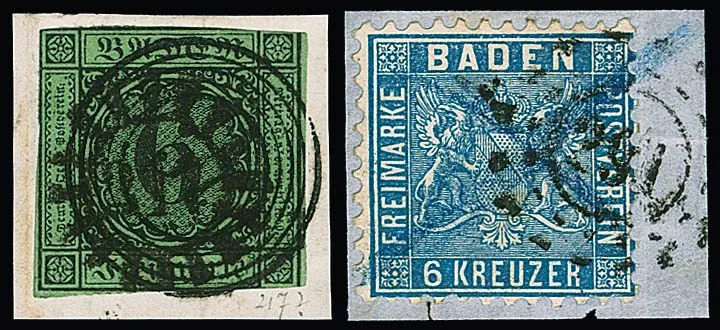 6 Kr. yellow-green with double cancellation by NS and centred Bavarian mill wheel postmark, also 6 Kr. blue on superb piece with Bavarian oMR "291" (Ludwigshafen) and blue stroke