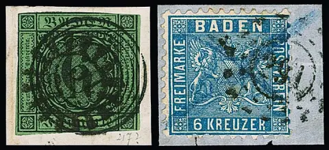 6 Kr. schw./gelbgrün mit Doppelentwertung durch NS und zentrischen bayerischen Mühlradstempel, ferner 6 Kr. blau auf Prachtbriefstück mit bayerischem oMR…