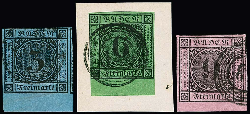 Three cancelled bottom margin pieces, partly small flaws, one photo certificate Stegmüller