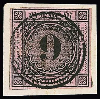 9 Kr. black/old pink, full to partly over-margined on cabinet letter piece (pre-cut only in outer margin), signed Stegmüller. Mi. 200,-