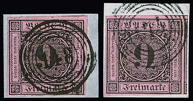 9 Kr. noir/rose ancien ou sur rose (5), au total six pièces de lettre souvent en qualité cabinet, dont des timbres à larges marges