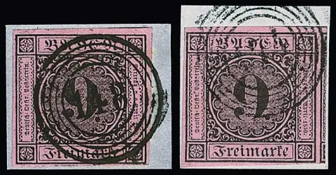 9 Kr. schw./altrosa bzw. auf rosa (5), gesamt sechs Briefstücke in oft Kabinetterhaltung, dabei breitrandige Marken