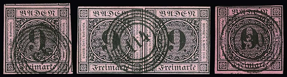 9 Kr. schw./altrosa (Kabinett, sign. Drahn), sowie siebenmal 9 Kr. schw./rosa (ein schön gestempeltes Paar, etwas erh. sign. Krause), dabei breitrandige…