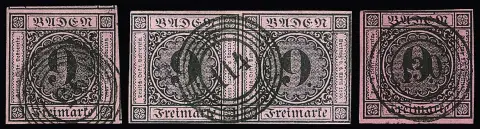 9 Kr. schw./altrosa (Kabinett, sign. Drahn), sowie siebenmal 9 Kr. schw./rosa (ein schön gestempeltes Paar, etwas erh. sign. Krause), dabei breitrandige…