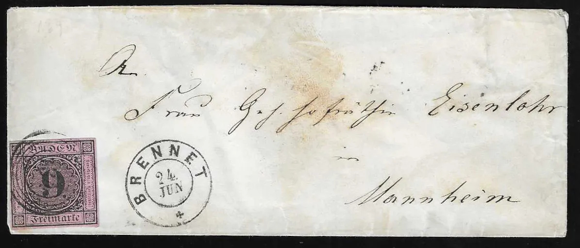9 Kr. black/dark pink on inner-Baden decorative cover with better '134' cancel and 'Brennet' cds to Mannheim