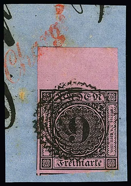 9 Kr. black/dark pink, largely full margins, 12mm sheet margin at top (red L1 'Chargé' extending onto margin) on decorative letter piece with '87' cancel, photo exp. Stegmüller