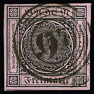 9 Kr. black/pink, five selected full- to partly huge-margined cabinet/luxury pieces, one from the top margin
